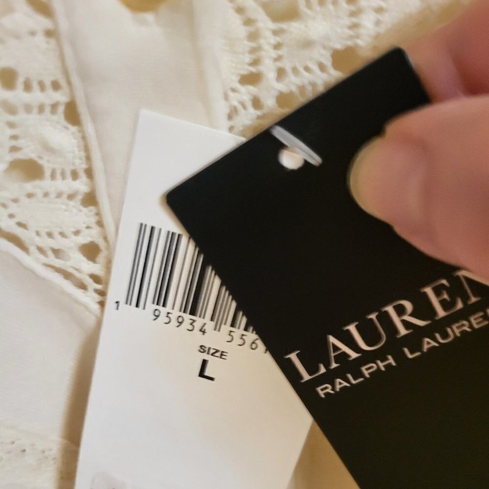 RALPH LAUREN Beige Lace Henley Embroidered Long Sleeve V Neck Top Size Large NWT - Picture 13 of 14